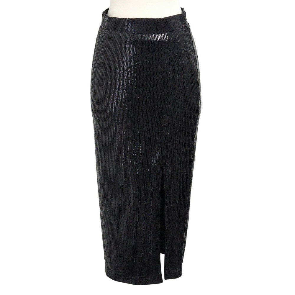Rachel Zoe Sequin Black Stretch Knit Midi Cocktail Skirt with Sexy Leg‎ Slit- XS
